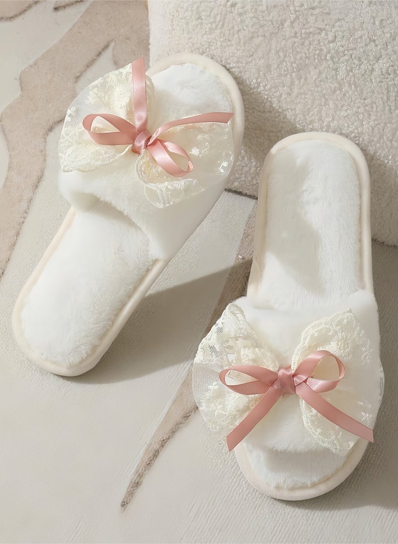 QIRRA House Slippers for Women, Plush Bedroom Slippers with Lace Bow, Warm Indoor Non-slip House Shoes - Image 5